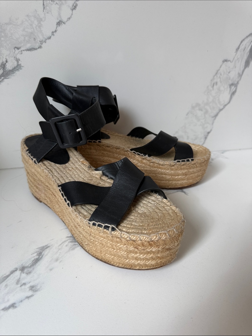 Authentic Celine Black Leather Espadrille Platform Sandals